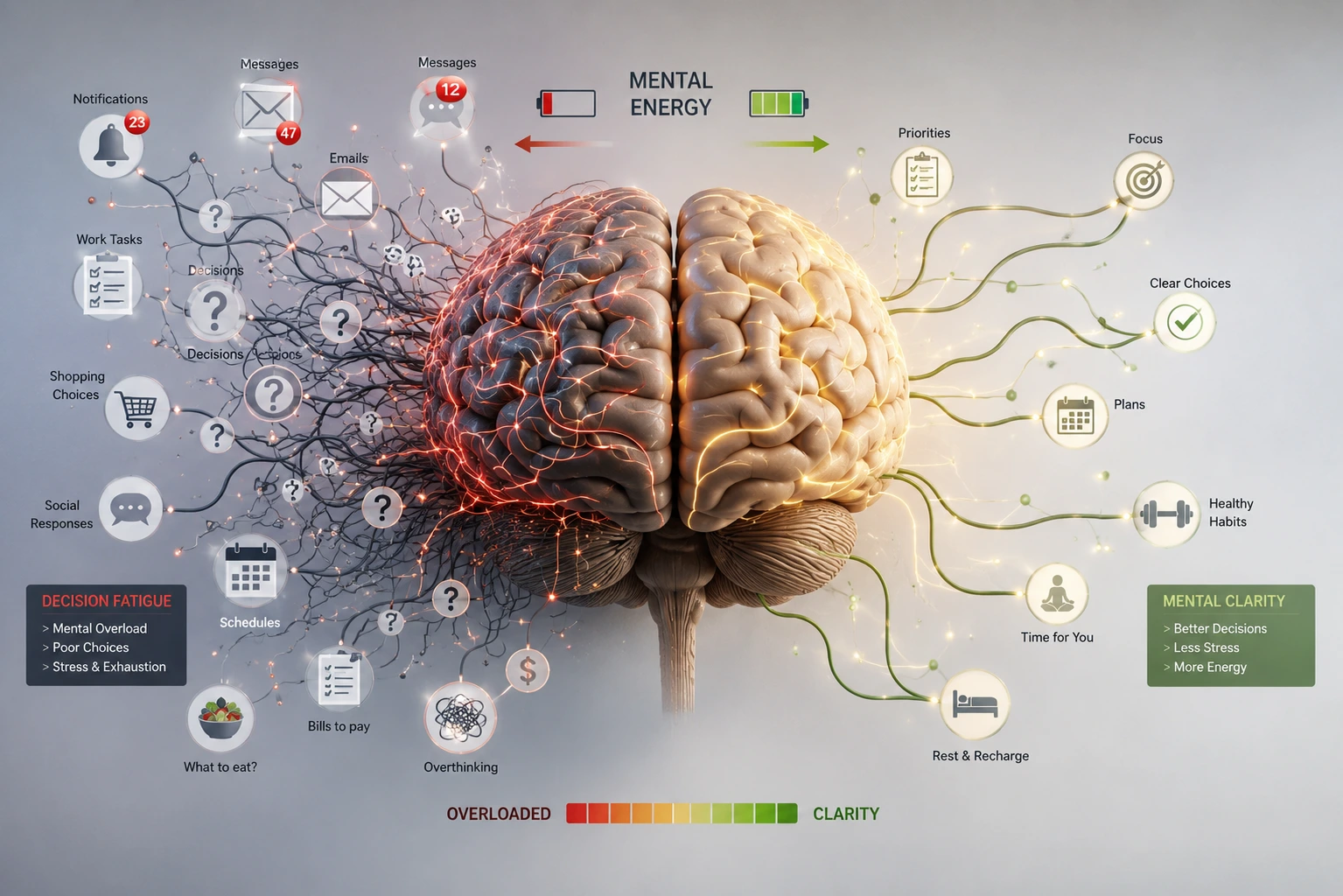 Visual representation of decision fatigue showing mental energy decreasing after repeated choices throughout the day.